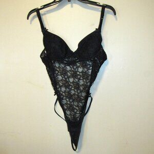 VTG Y2K Fredericks of Hollywood Sheer Black G String Thong Teddy Bodysuit Sz M